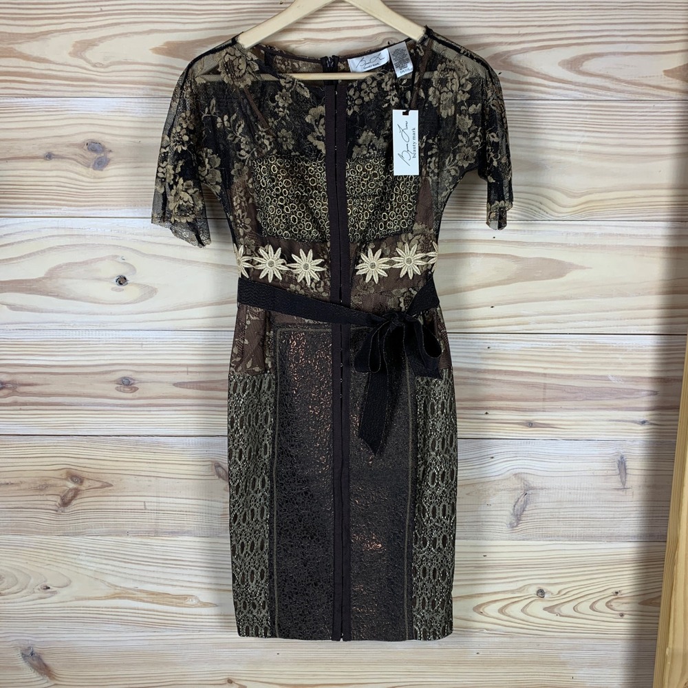 Byron Lars Sheath Dress‎ Women 0P Brown Metallic Lace Floral Applique Whimsigoth
